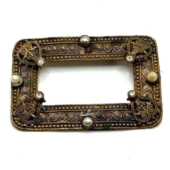 Vintage Rhinestone Pearl Rectangle Brooch Victorian Gold Made in Czechoslovakia - Picture 1 of 8